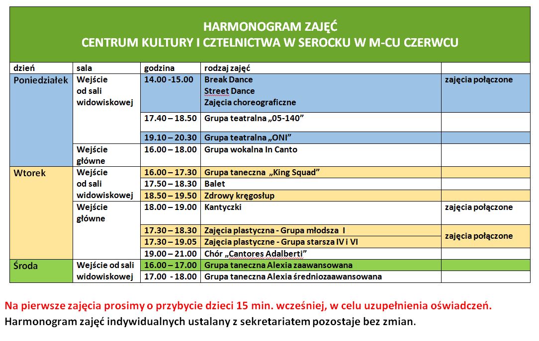 Harmonogram zajęć w czerwcu